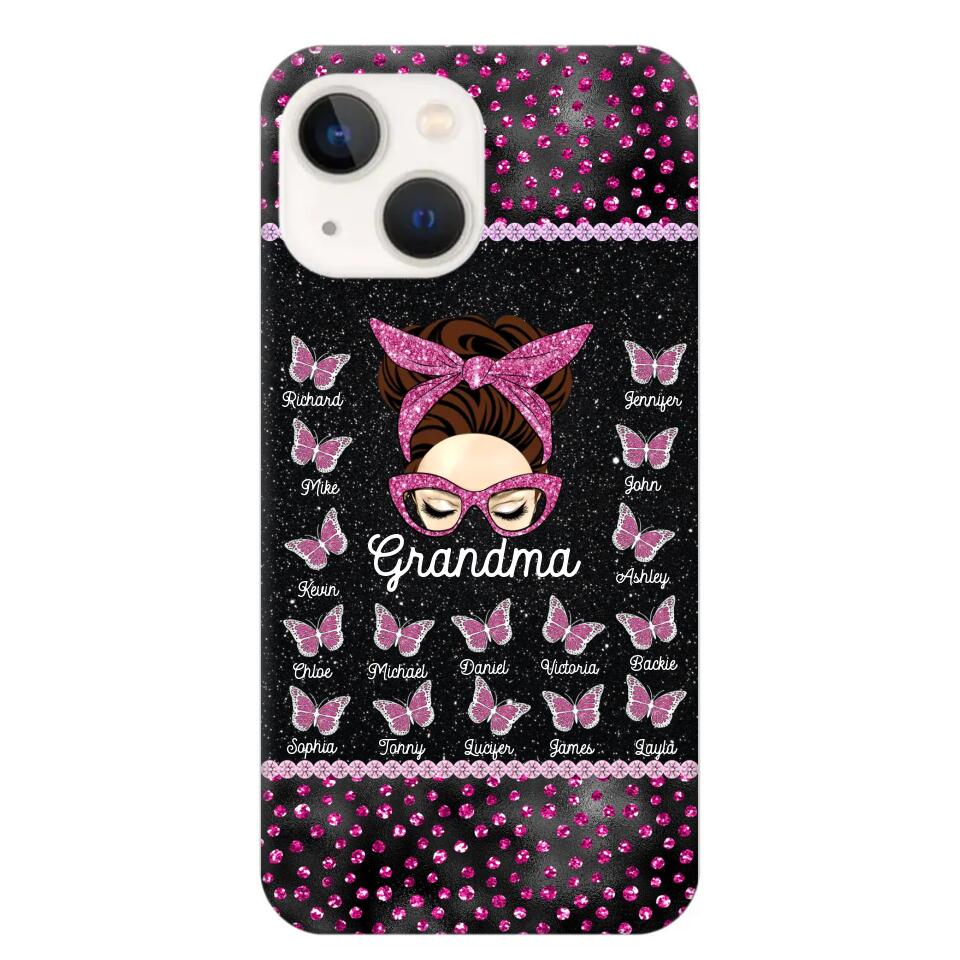 Personalized Grandma Nana Mom Aunt Pink Glam Glitter Buttterfly & Kid's Name Phonecase Printed PNDT2003