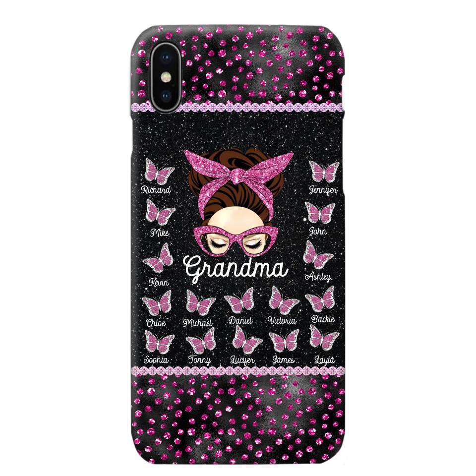 Personalized Grandma Nana Mom Aunt Pink Glam Glitter Buttterfly & Kid's Name Phonecase Printed PNDT2003