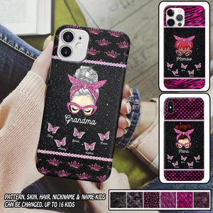 Personalized Grandma Nana Mom Aunt Pink Glam Glitter Buttterfly & Kid's Name Phonecase Printed PNDT2003