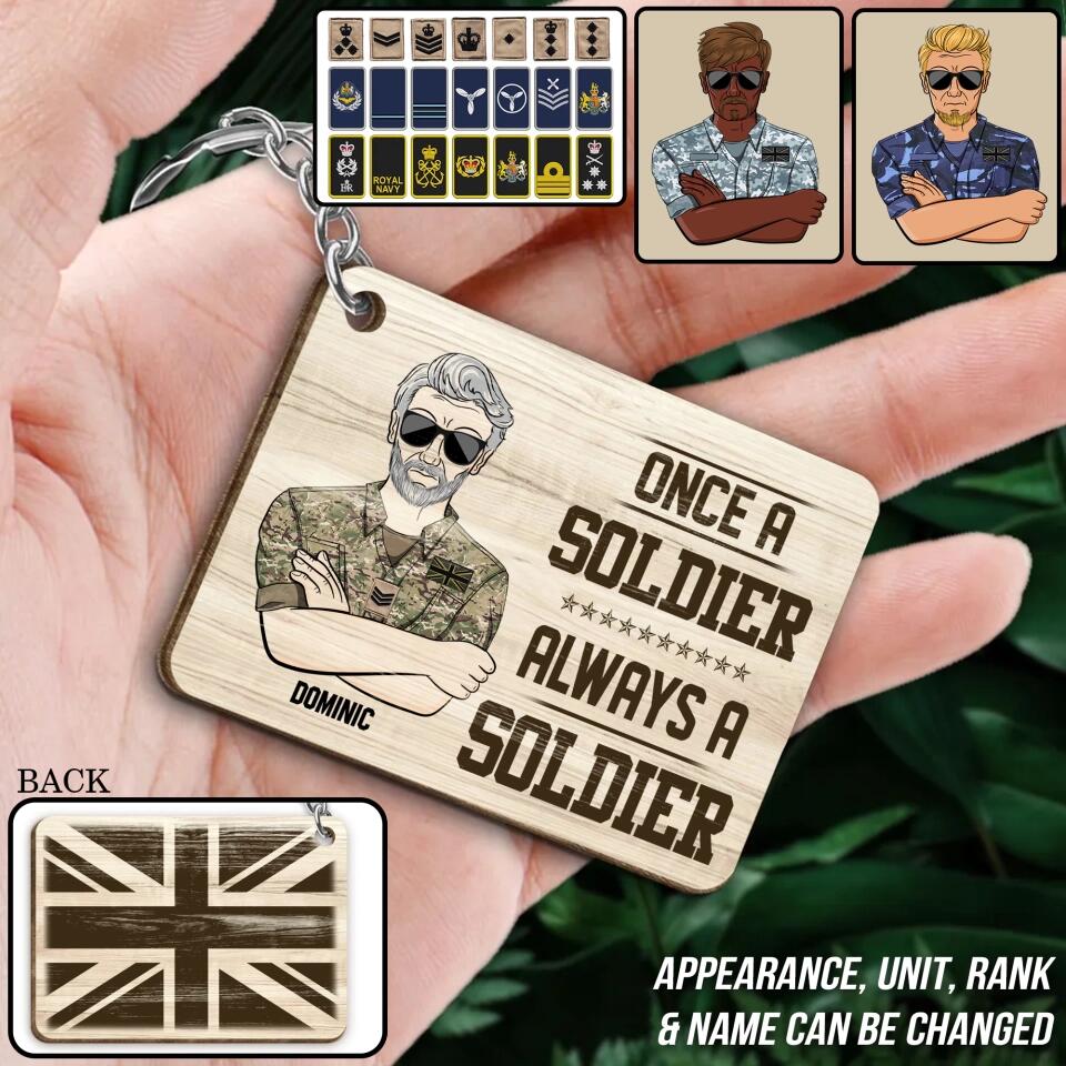 Personalized Once A Soldier Always A Soldier UK Veteran/Soldier Rank Camo & Old Man Keychain Printed 23MAR-DT21