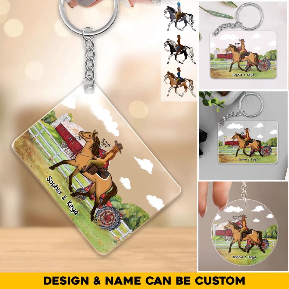 Personalized Farm Horse Riding Girl & Name Acrylic Keychain Printed 23APR-HQ07