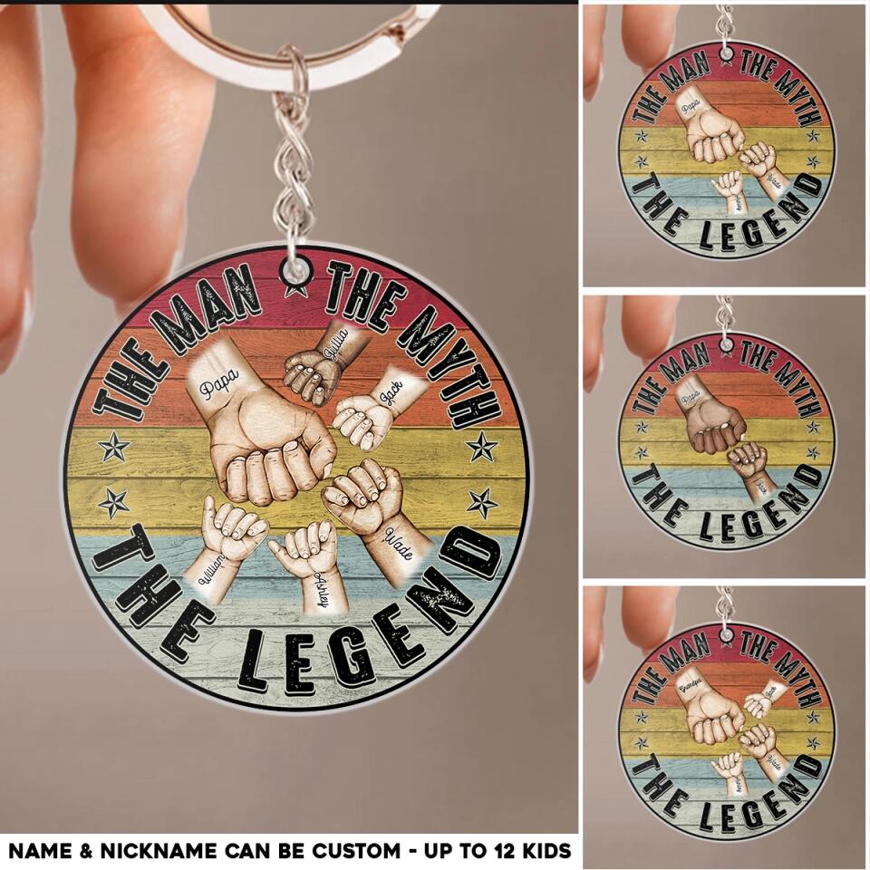 Personalized The Man The Myth The Legend Dad/Grandpa Hands & Kid's Name Wooden Keychain Printed PNHQ1104