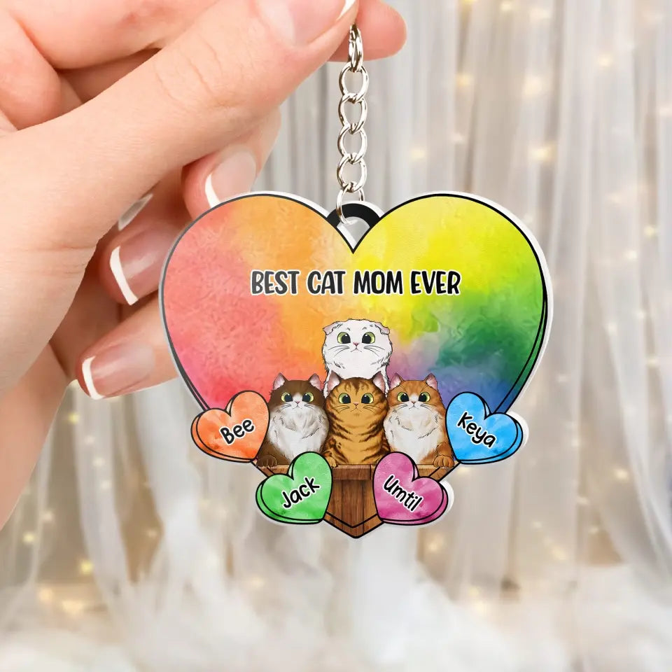 Personalized Just A Girl Who Loves Cats Colorful Heart & Cat Name Acrylic Keychain Cat Lovers Gift Printed PNHQ1404