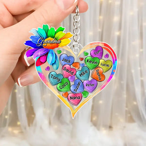 Personalized Grandma Colorful Sunflower & Heart Kid Name Acrylic Keychain Printed PNHQ1504