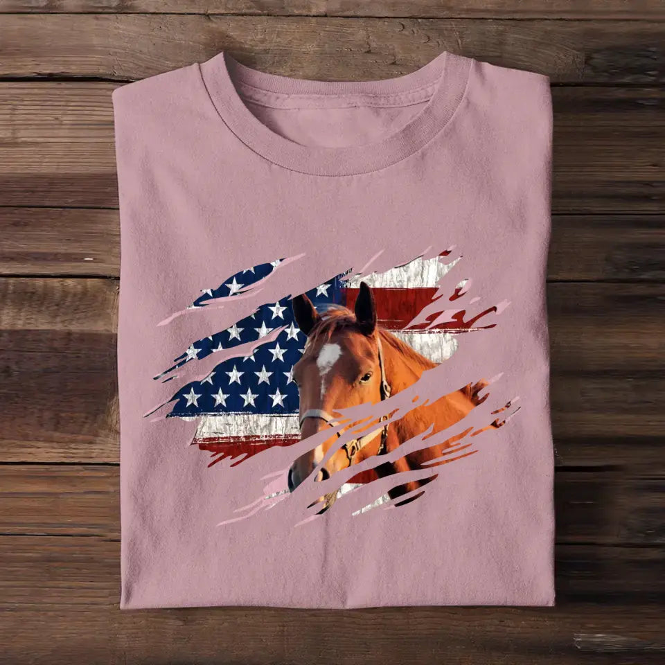 Personalized Upload Your Horse Photo US Flag Tshirt Printed 23APR-PTN19