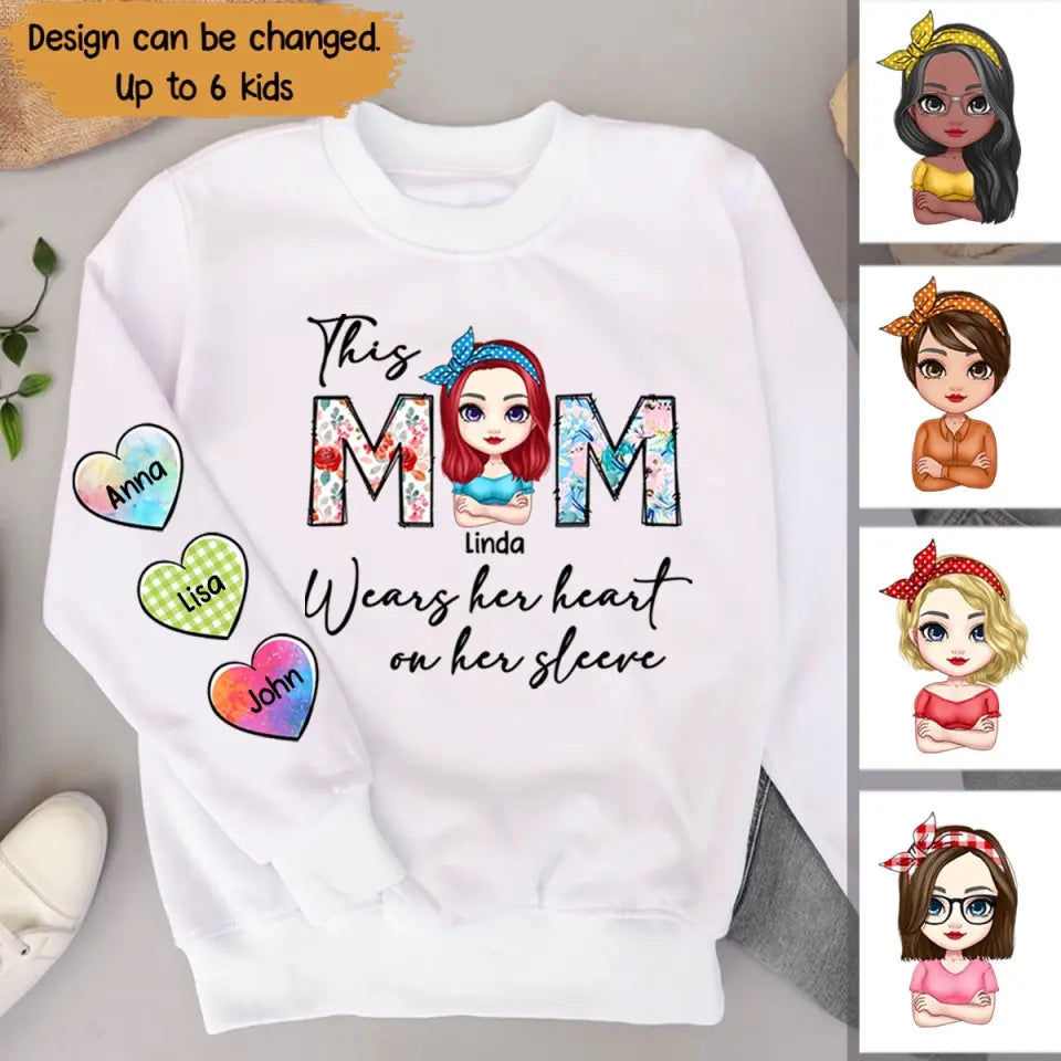 Personalized This Mom Wear Her Heart On Her Sleeve & Kid Names Sweater Shirt Printed QTPN2004