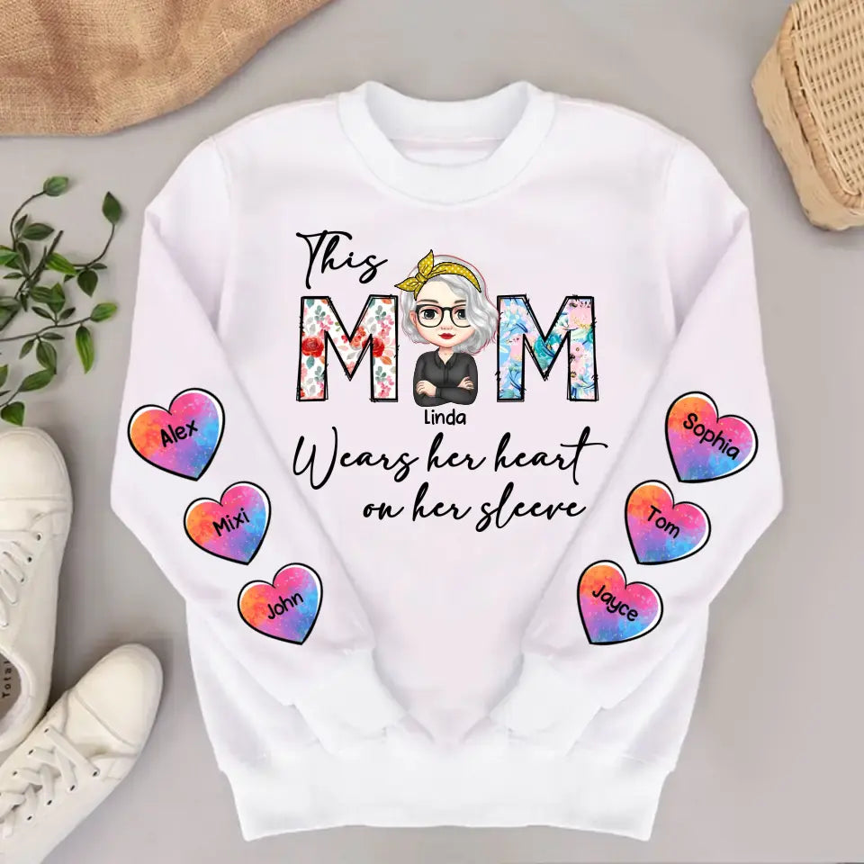 Personalized This Mom Wear Her Heart On Her Sleeve & Kid Names Sweater Shirt Printed QTPN2004