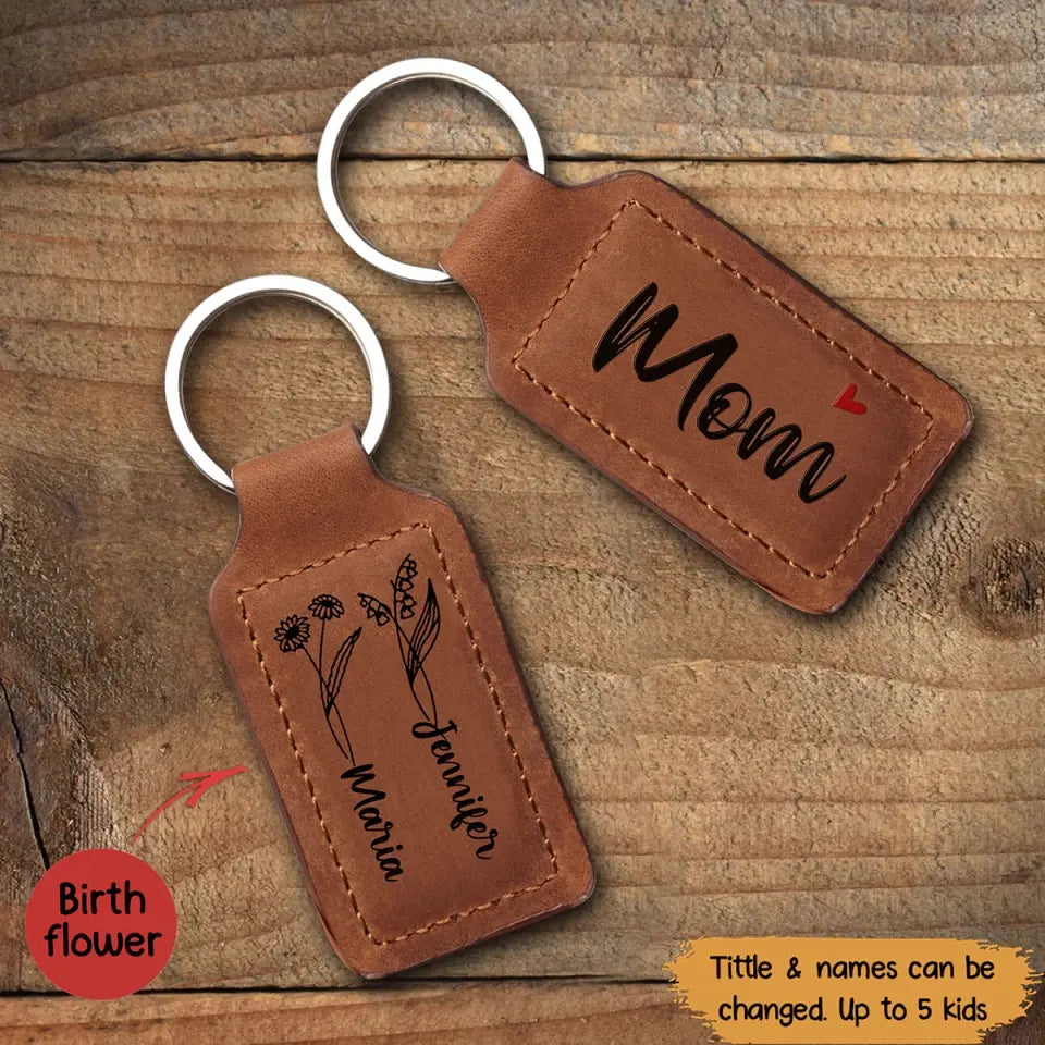 Personalized Mom Flowers with Kid Name Leather Keychain Printed QTPN1805