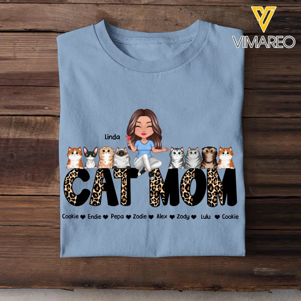 Personalized Cat Mom Grandma with Kids Names T-shirt Printed MTPN2705