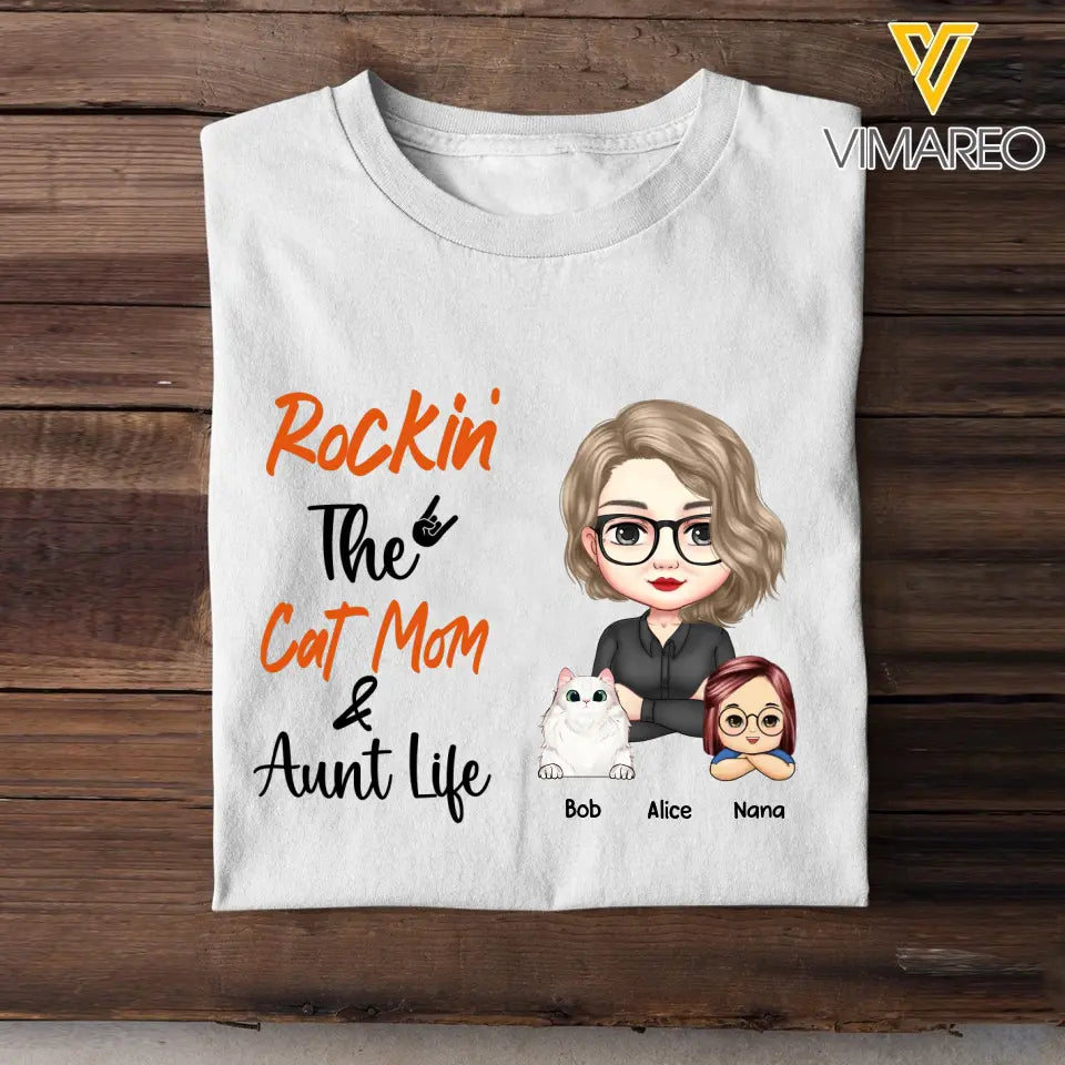 Personalized Rockin The Cat/Dog Mom & Aunt Life T-shirt Printed 23JUN-PTN01