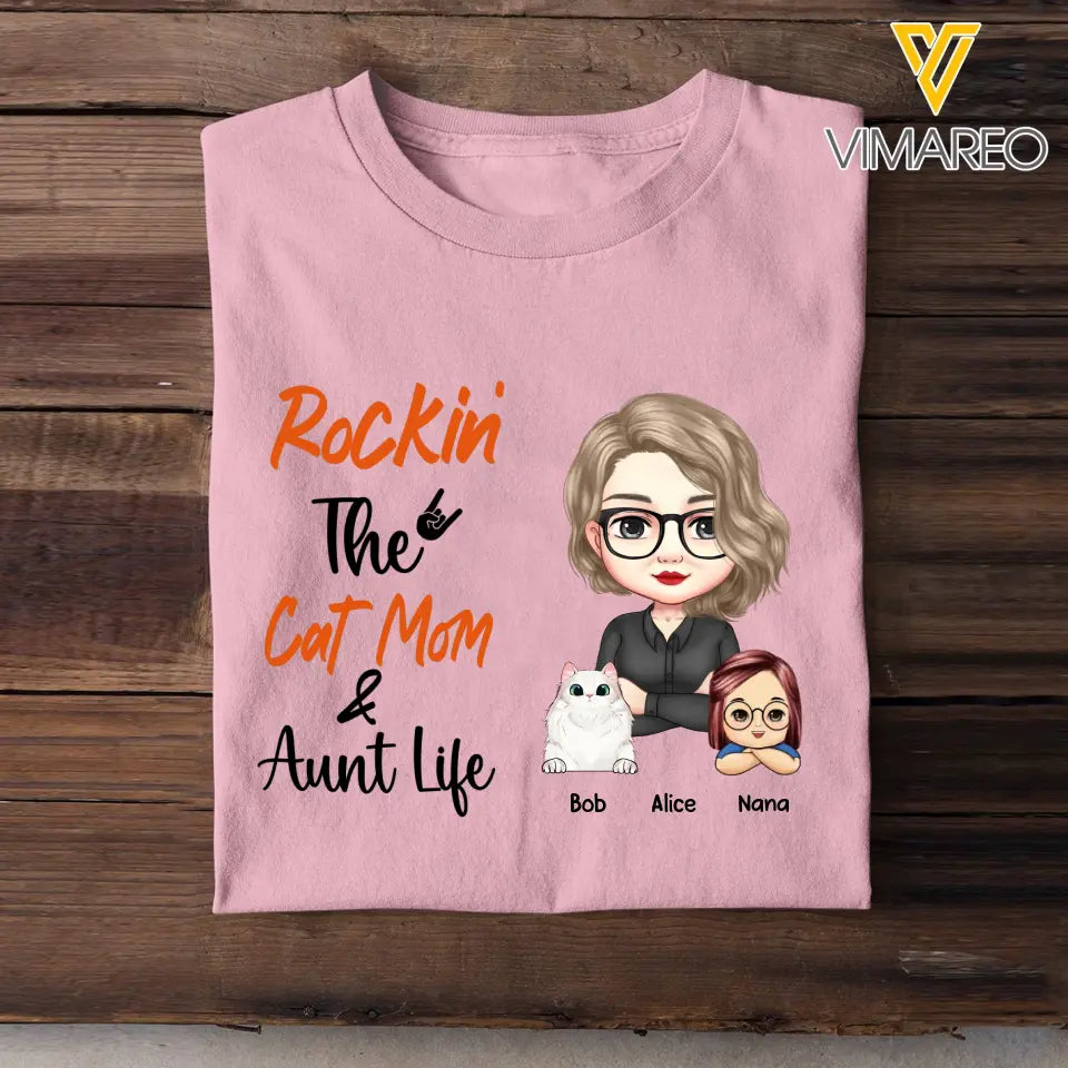 Personalized Rockin The Cat/Dog Mom & Aunt Life T-shirt Printed 23JUN-PTN01