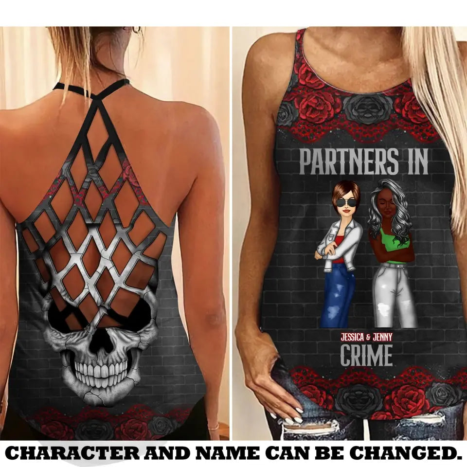 Personalized Partners In Crime Rose Skull Bestie Criss Cross Tank Printed 23JUN-TB13