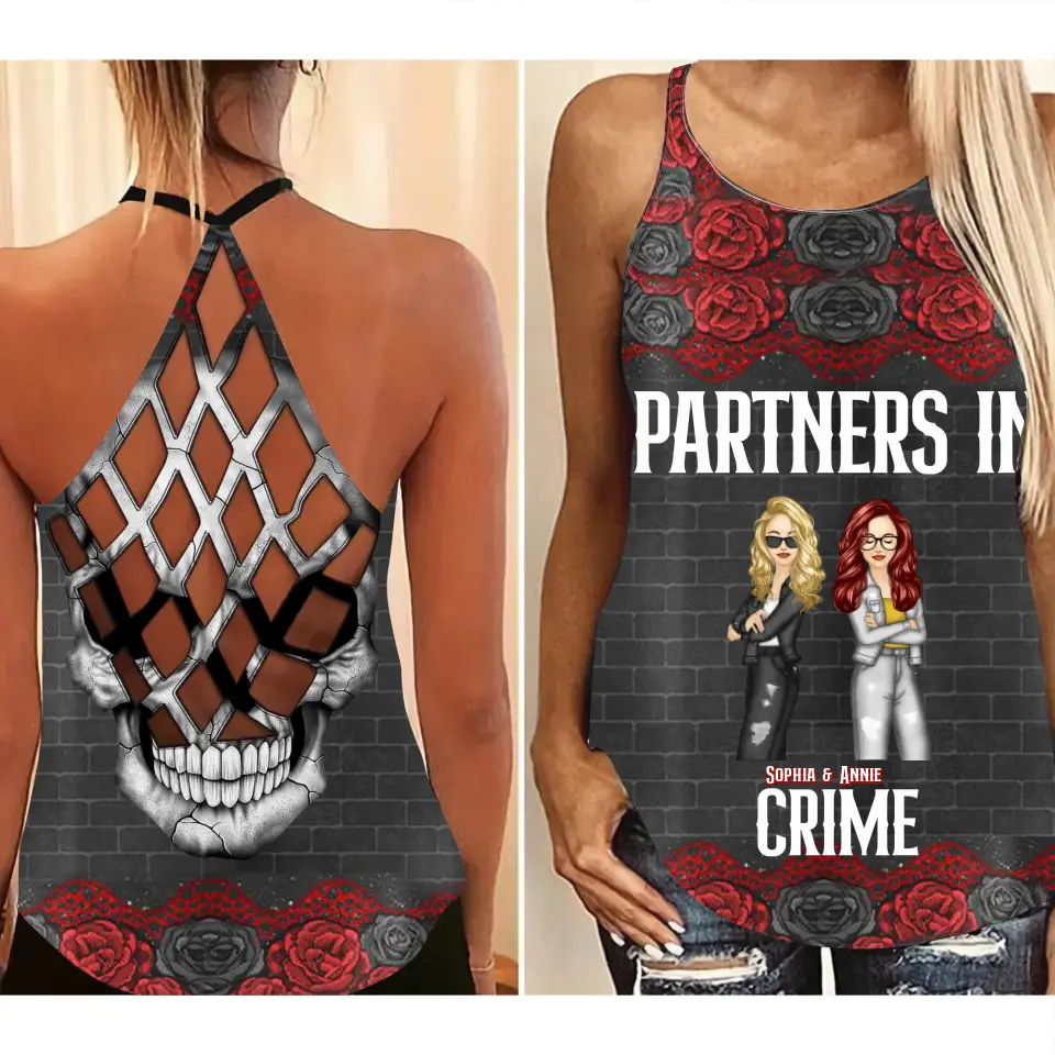 Personalized Partners In Crime Rose Skull Bestie Criss Cross Tank Printed 23JUN-TB13