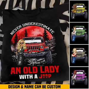 Personalized Red Moon Never Underestimate An Old Lady With A Jeep Cool Lady Chibi 2D Tshirt