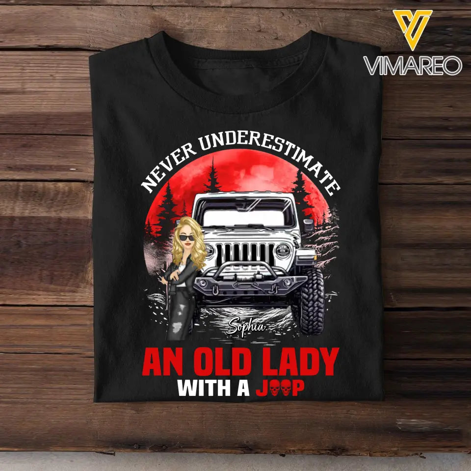 Personalized Red Moon Never Underestimate An Old Lady With A Jeep Cool Lady Chibi 2D Tshirt