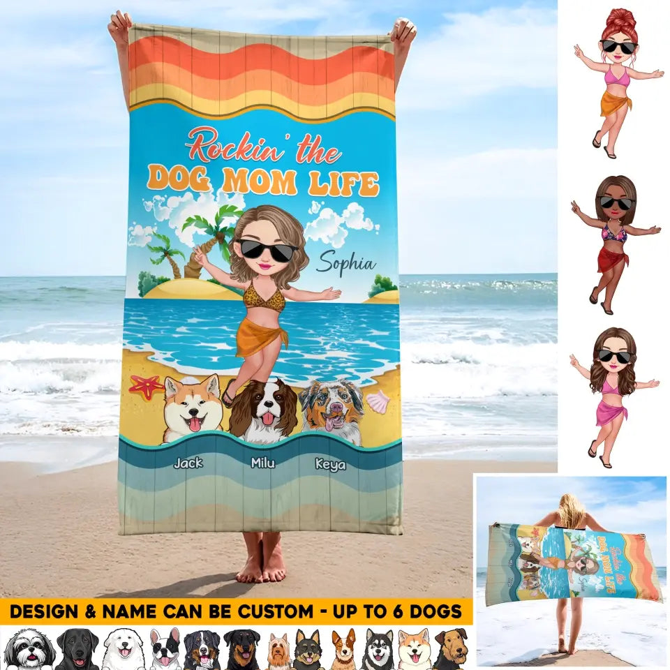 Personalized Rockin' The Dog Mom Life Beach Towel Printed PNHQ2206