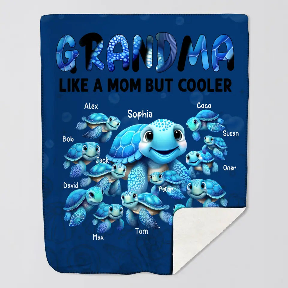 Personalized Grandma Like A Mom But Cooler Turtles with Kid Names Quilt Blanket Printed HTHHN0507