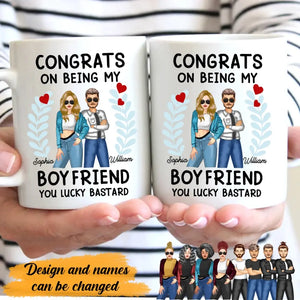 Personalized Congrats On Being My Boyfriend You Lucky Bastard Couple White Mug Printed MTHPN2607