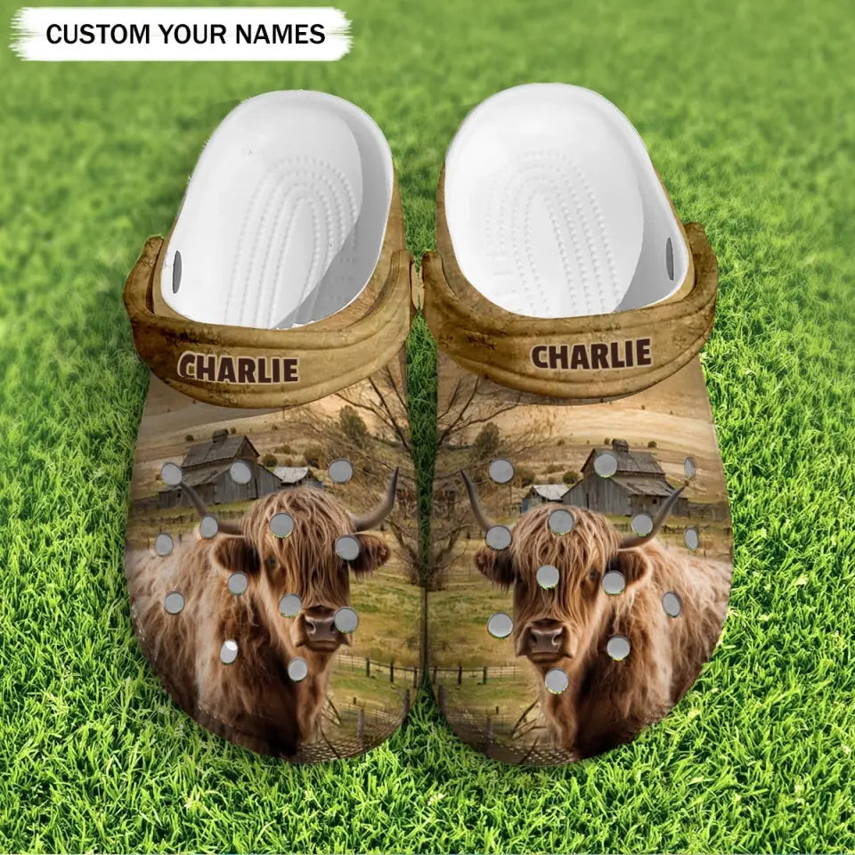 Personalized Highland Cattle Lovers & Name Clogs Slipper Shoes Printed QTPD202395