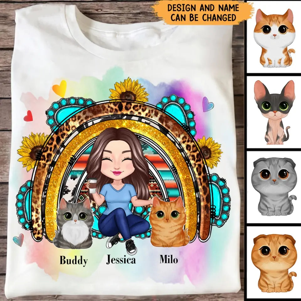 Personalized Sunflower Rainbow Cat Mom Cat Lovers Gift Tshirt 2D Printed  KVH23378