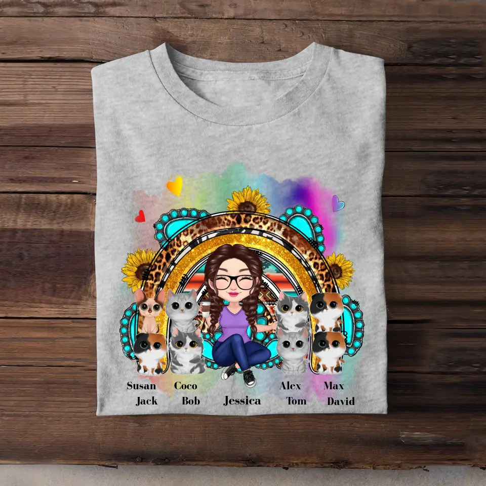 Personalized Sunflower Rainbow Cat Mom Cat Lovers Gift Tshirt 2D Printed  KVH23378