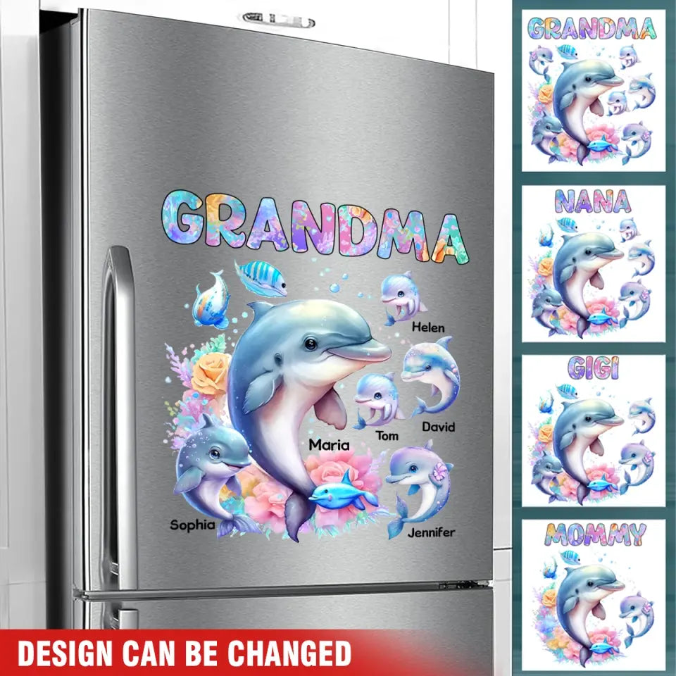 Personalized Grandma Dolphin with Kid Names Fridge Decal Printed PN23340