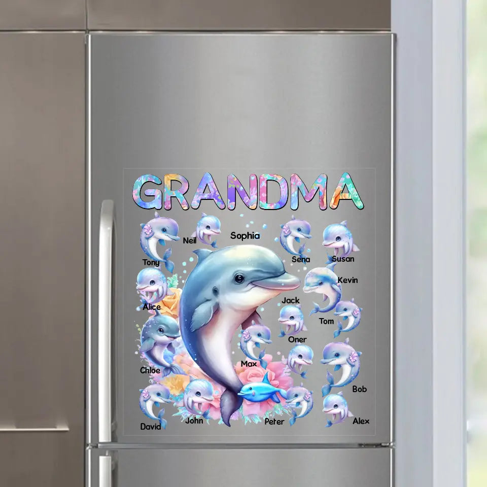 Personalized Grandma Dolphin with Kid Names Fridge Decal Printed PN23340