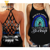 Police Mom blue line Criss-Cross Open Back Camisole Tank Top 0405NGBMQ