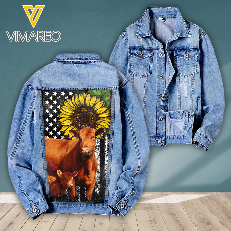 Red Angus Cattle Denim Jacket Printed SEP-HQ24