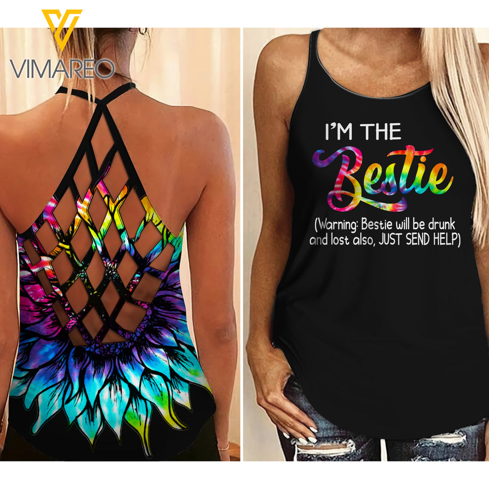 KHMD WARNING BESTIE SUNFLOWER Girl Criss-Cross Tank Top