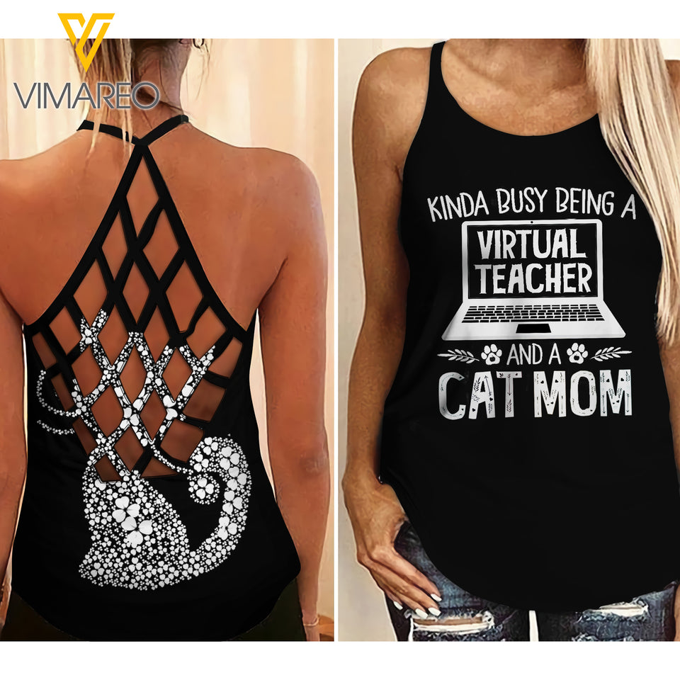 Virtual Teacher and Cat Mom Criss-Cross Open Back Camisole Tank Top 3 style