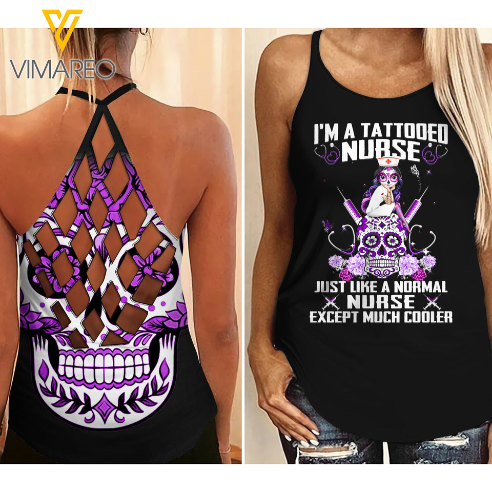 TATTOOED NURSE MOM CRISS-CROSS OPEN BACK CAMISOLE TANK TOP