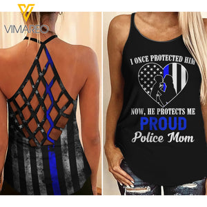 PROUD POLICE MOM Criss-Cross Open Back Camisole Tank Top YYTT