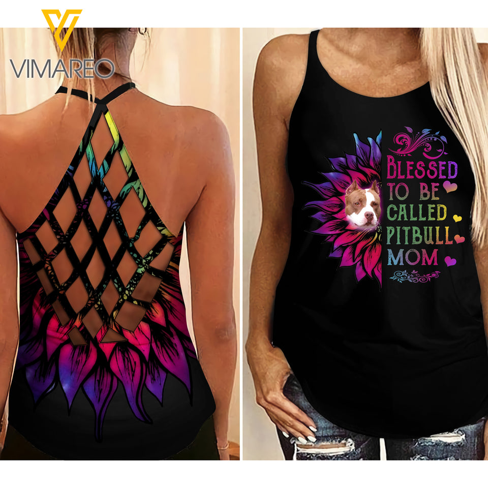 PITBULL MOM Criss-Cross Open Back Camisole Tank Top VMYY