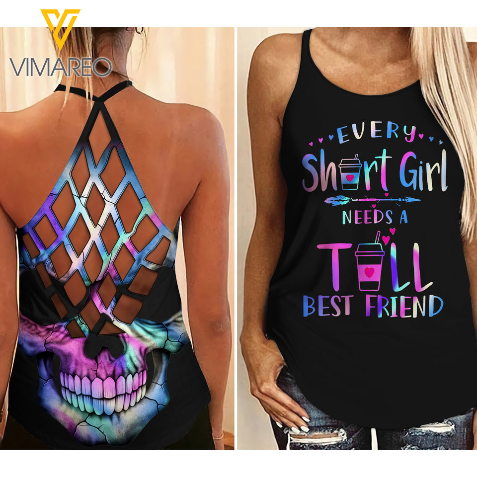 EVERY SHORT/ TALL GIRL  NEEDS A TALL/ SHORT BEST FRIEND Criss-Cross Open Back Camisole Tank Top Couple