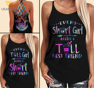 EVERY SHORT/ TALL GIRL  NEEDS A TALL/ SHORT BEST FRIEND Criss-Cross Open Back Camisole Tank Top Couple