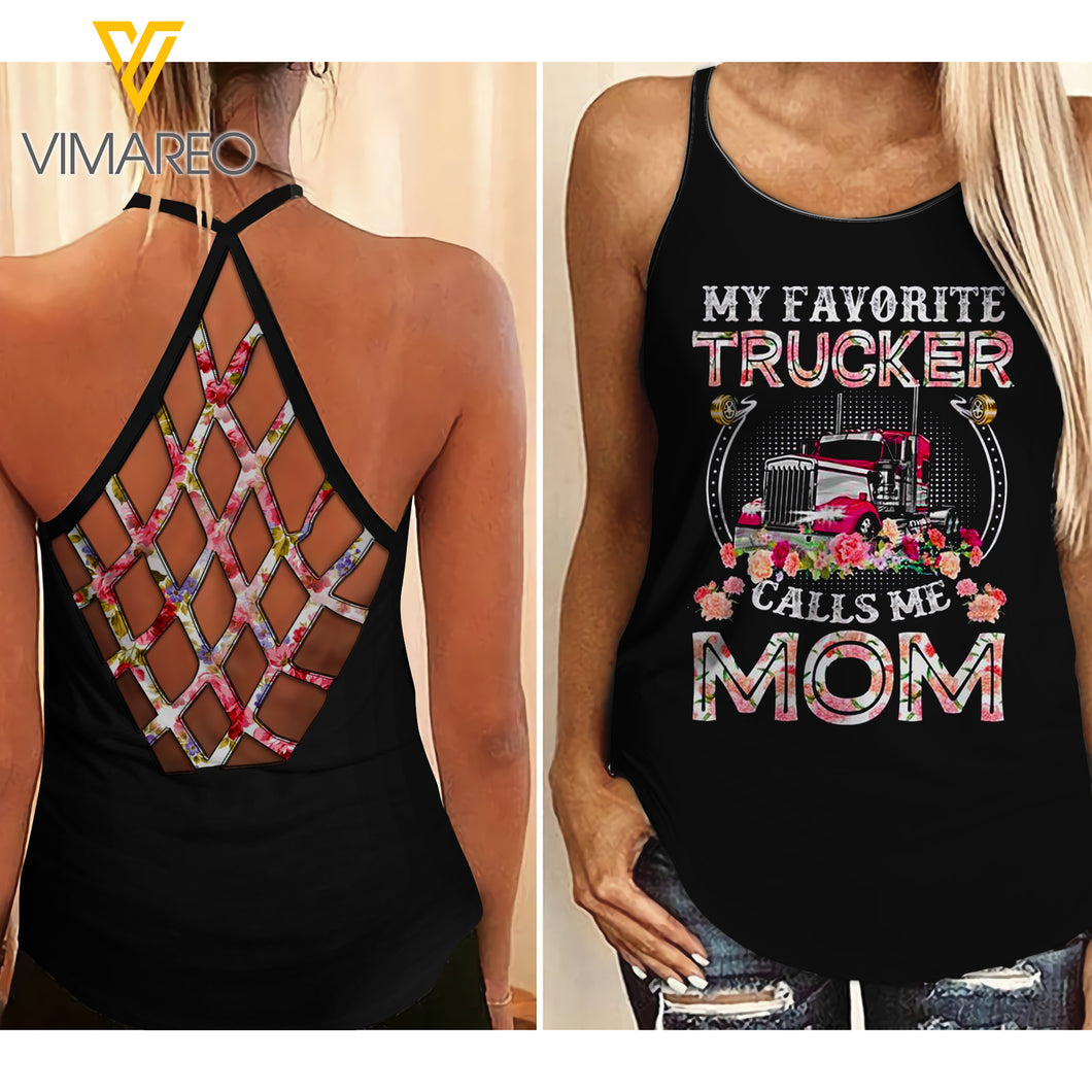 TRUCKER MOM Criss-Cross Open Back Camisole Tank Top YYQQ