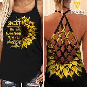 SWEET AND WILD BESTIE SUNFLOWER CRISS-CROSS OPEN BACK CAMISOLE TANK TOP