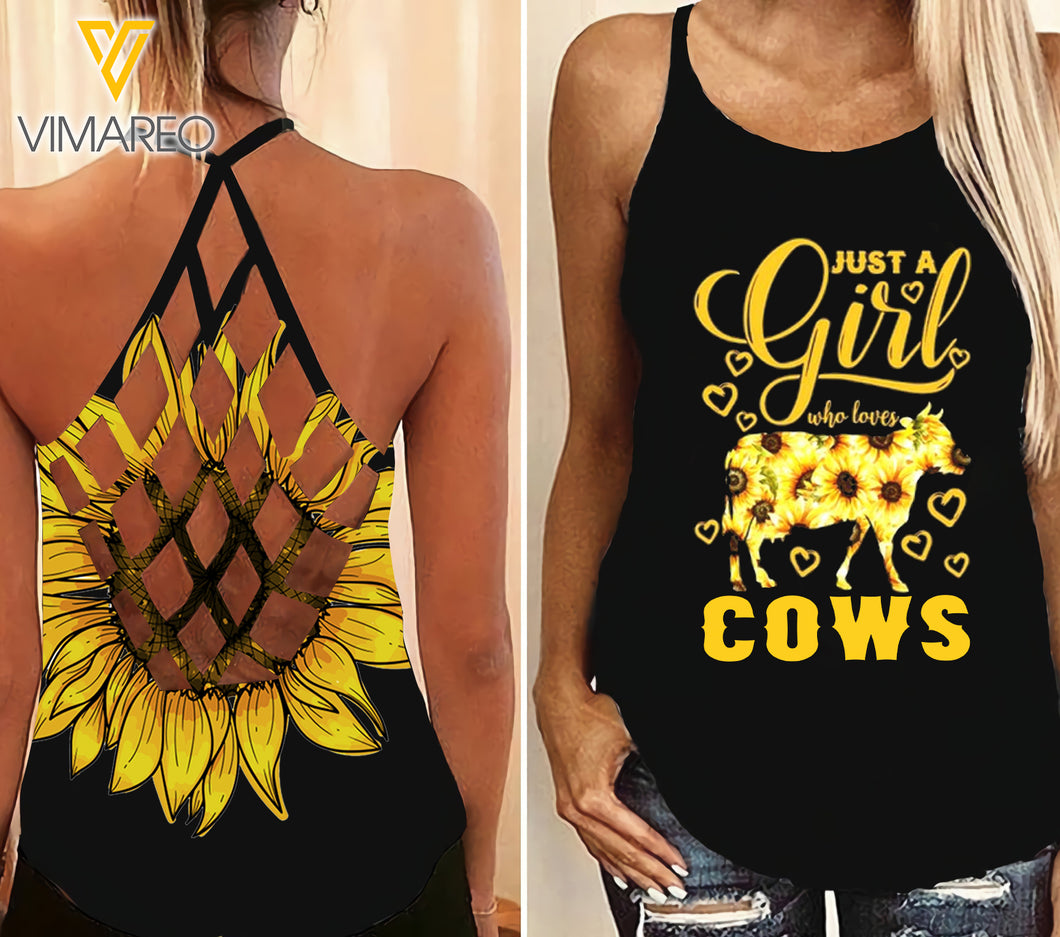 Sunflower Cow Criss-Cross Open Back Camisole Tank Top 2106D