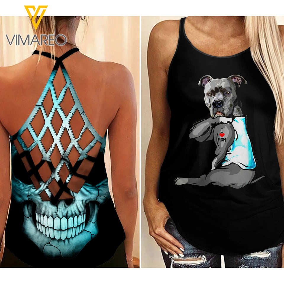 Pit Bull Dog Mom Criss-Cross Open Back Camisole Tank Top QSEURT